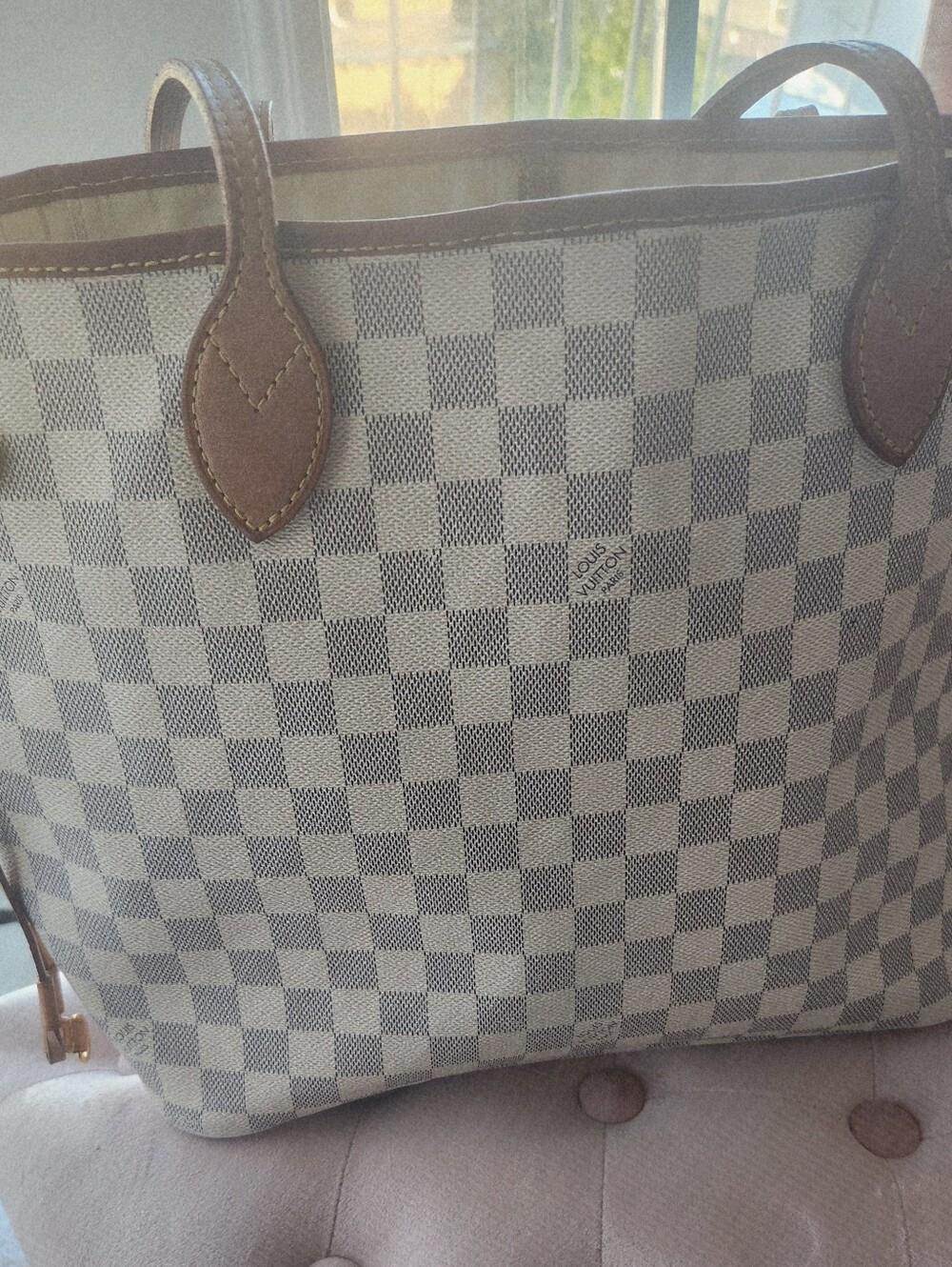 Louis Vuitton Damier Azur Checker Tote with Brown Leather Trim